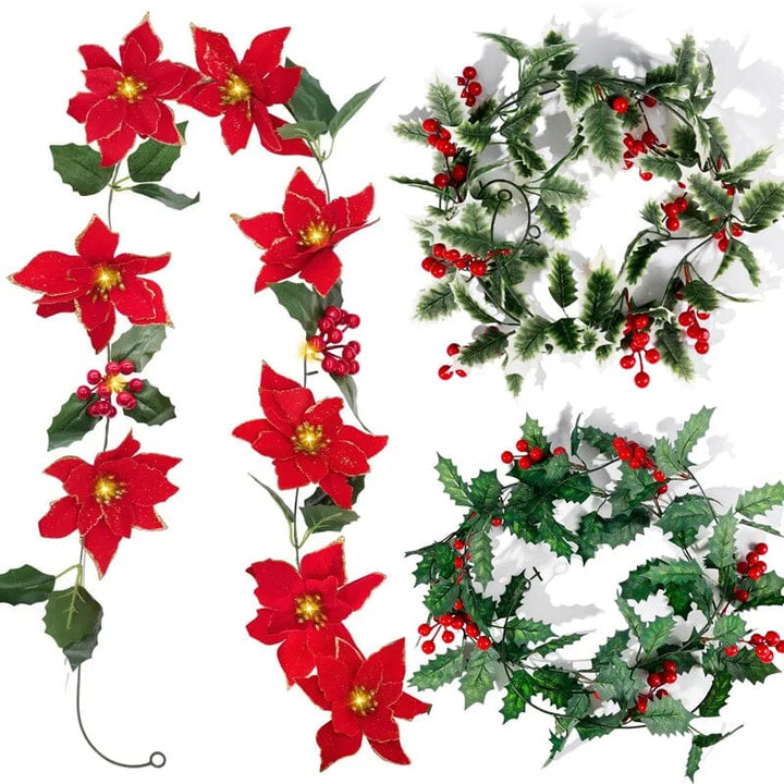 2M Christmas Garland with Light Artificial Red Berry Holly Leaves Ivy Vine Rattan Wreath for Christmas Tree Ornament Home Decors Design & Casa 