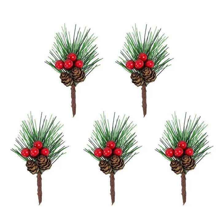 5Pcs Christmas Red Berry Articifial Flower Pine Cone Branch Christmas Tree Decorations Ornament Gift Packaging Home DIY Wreath Design & Casa 5pcs pine needle 