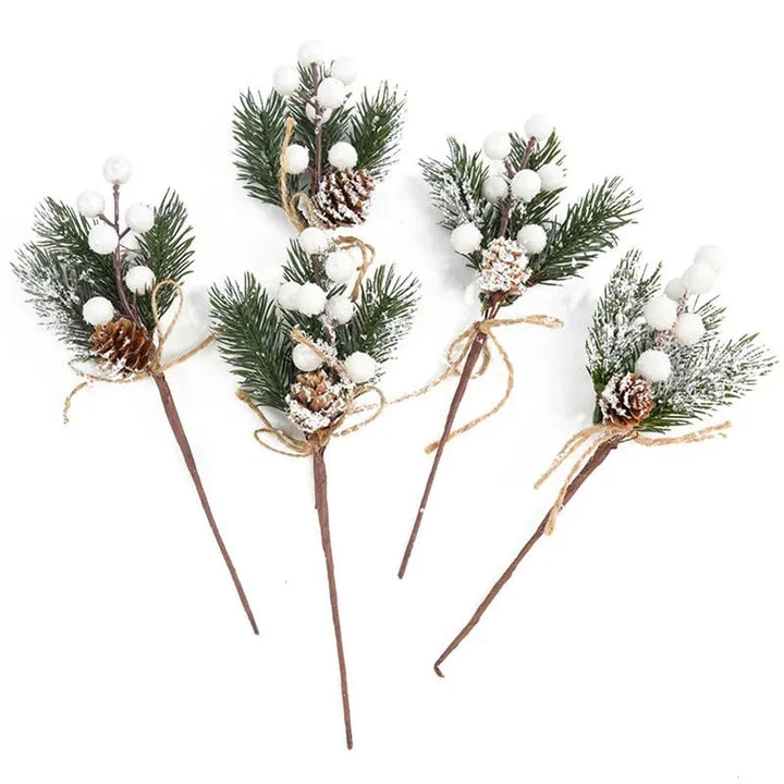 5Pcs Christmas Red Berry Articifial Flower Pine Cone Branch Christmas Tree Decorations Ornament Gift Packaging Home DIY Wreath Design & Casa 5pcs white 