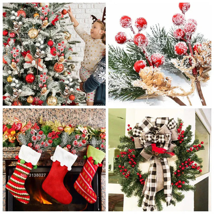 5Pcs Christmas Red Berry Articifial Flower Pine Cone Branch Christmas Tree Decorations Ornament Gift Packaging Home DIY Wreath Design & Casa 