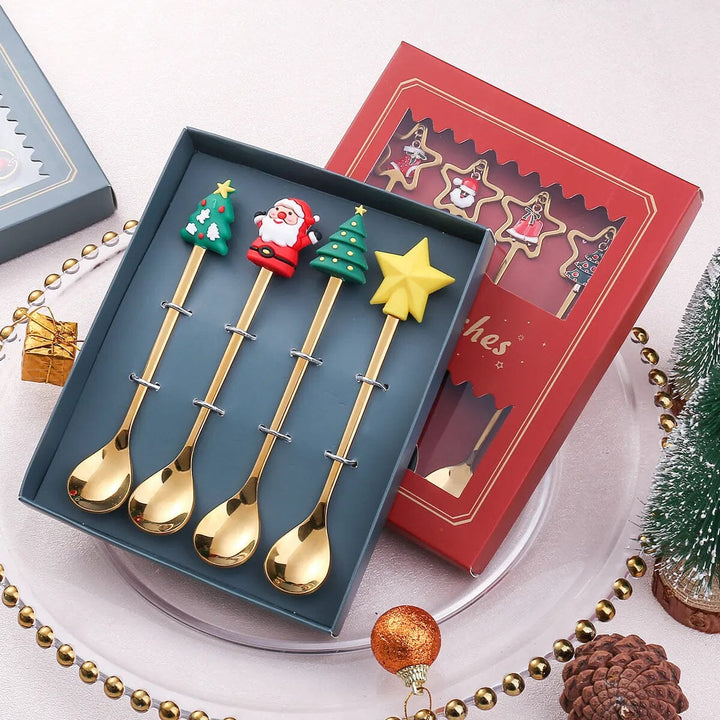 6/4/2PCS Christmas Gift Glod Spoon Fork Set Elk Christmas Tree Decoration Dessert Scoop Fruit Fork Coffee Spoon Cutlery Set Design & Casa 