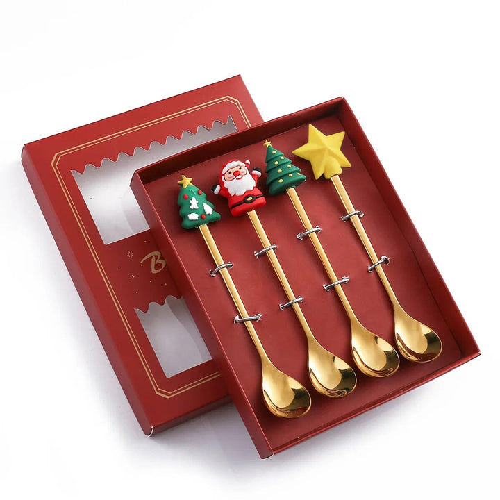 6/4/2PCS Christmas Gift Glod Spoon Fork Set Elk Christmas Tree Decoration Dessert Scoop Fruit Fork Coffee Spoon Cutlery Set Design & Casa 4PCS-Gold-A1 