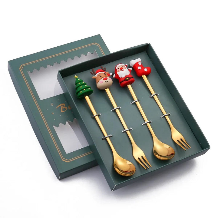 6/4/2PCS Christmas Gift Glod Spoon Fork Set Elk Christmas Tree Decoration Dessert Scoop Fruit Fork Coffee Spoon Cutlery Set Design & Casa 4PCS-Gold-B3 