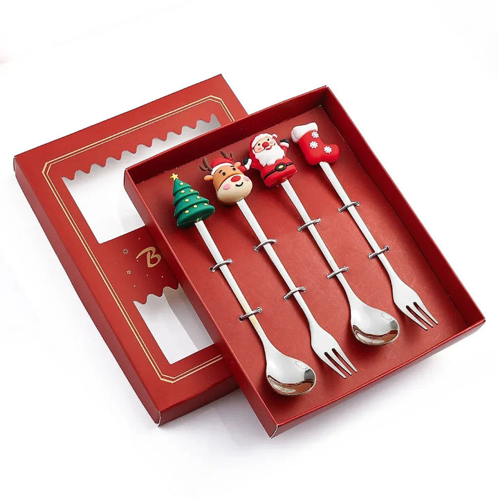 6/4/2PCS Christmas Gift Glod Spoon Fork Set Elk Christmas Tree Decoration Dessert Scoop Fruit Fork Coffee Spoon Cutlery Set Design & Casa 4PCS-Silver-A3 