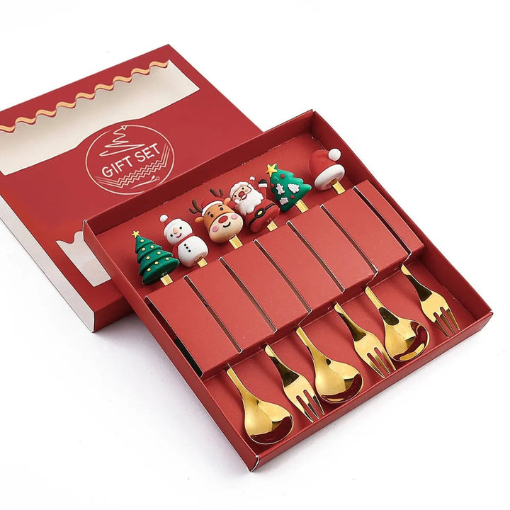 6/4/2PCS Christmas Gift Glod Spoon Fork Set Elk Christmas Tree Decoration Dessert Scoop Fruit Fork Coffee Spoon Cutlery Set Design & Casa 6PCS-Gold-C3 