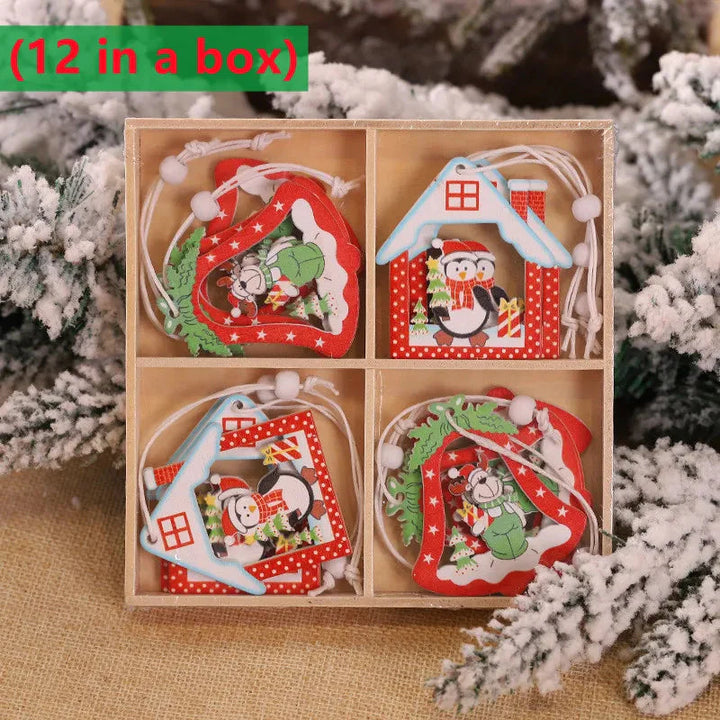 Hot 12PCS Christmas Snowflakes Wooden Pendants Xmas Tree Ornaments Home Hanging Decor Christmas Decoration For Home Navidad 2023 Design & Casa D-12Pieces 